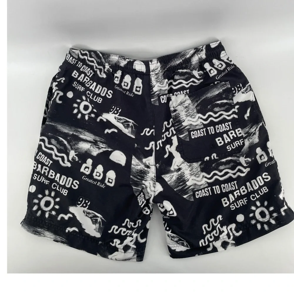 PacSun Swim Trunks Mens Small Black White Barbados Surf‎ Club Graphic Shorts